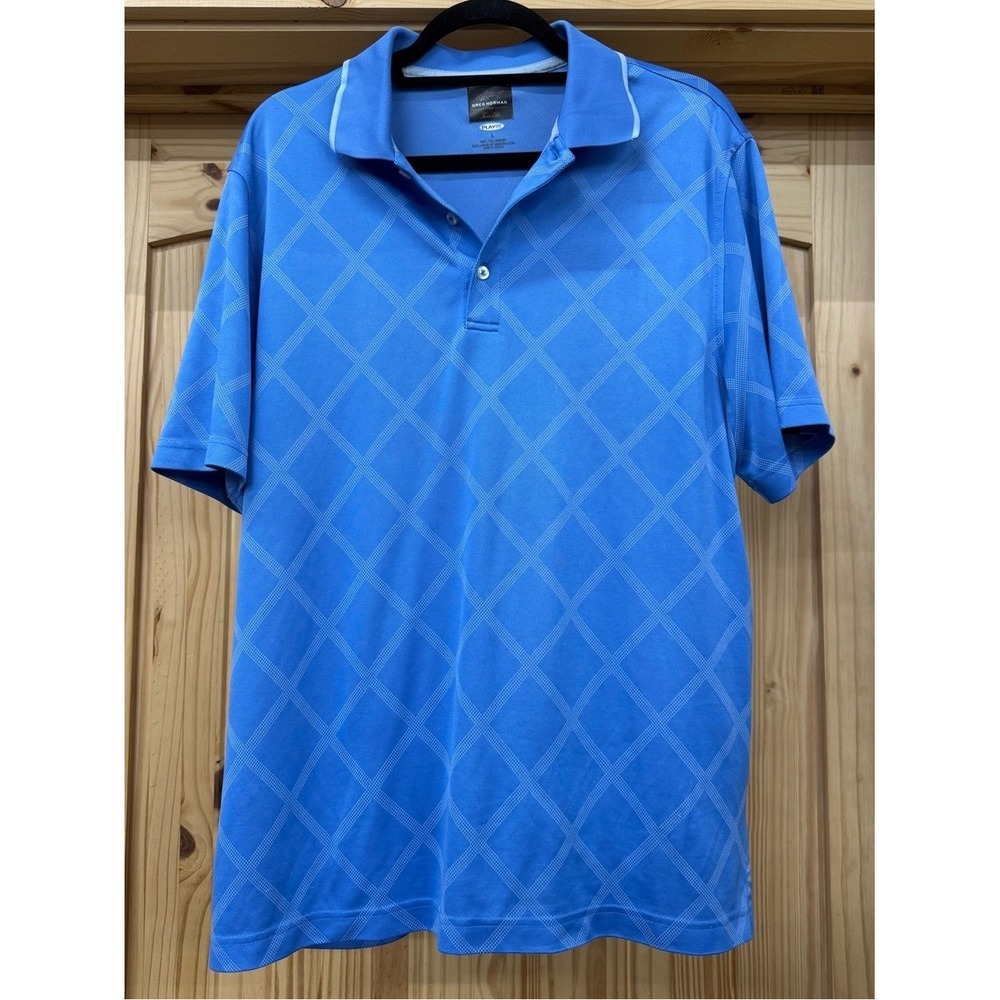 Greg Norman Tasso Elba Blue Diamond Print Play Dry Golf Polo Shirt Mens Large